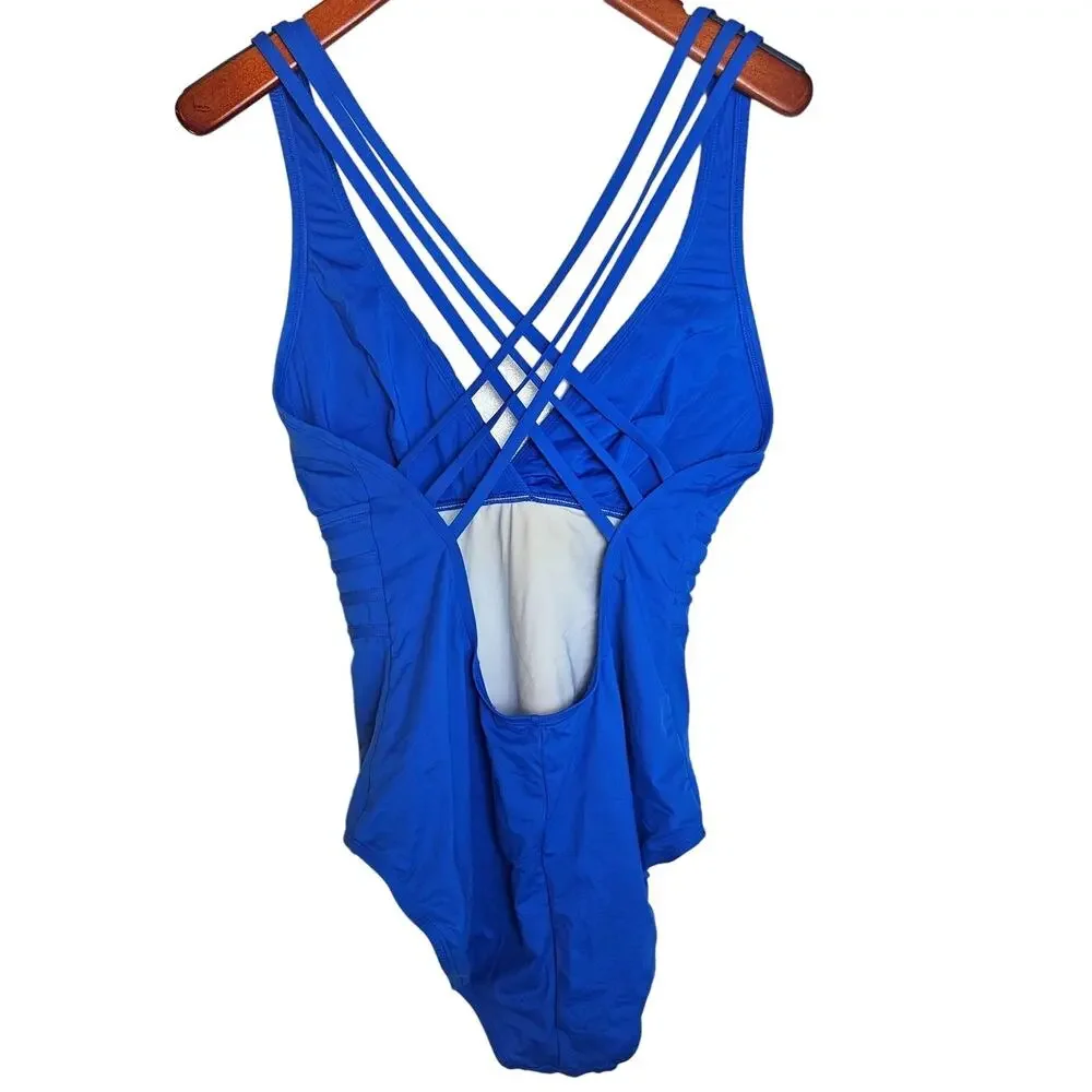 La Blanca Island Goddess Multi-Strap Cross-Back One-Piece Swimsuit in Sapphire